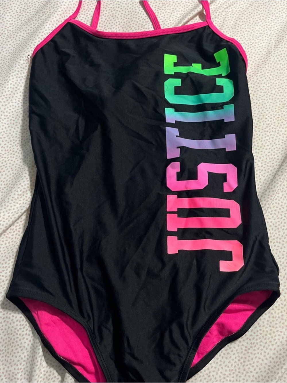 Justice Black One-Piece Swimsuit with Pink Trim and Multicolor Logo